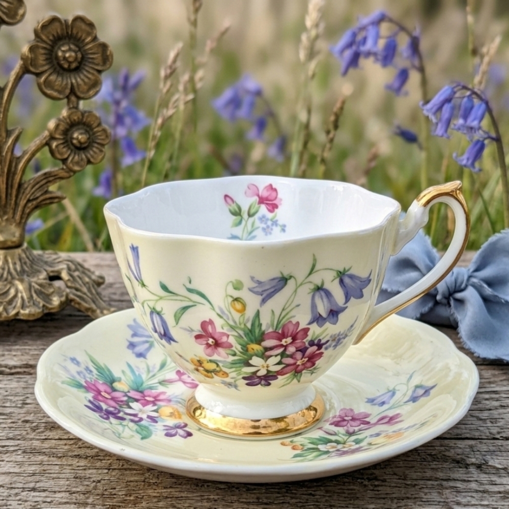 Queen Anne Vintage Bone China Teacup Saucer Set Yellow Wildflowers Bluebells